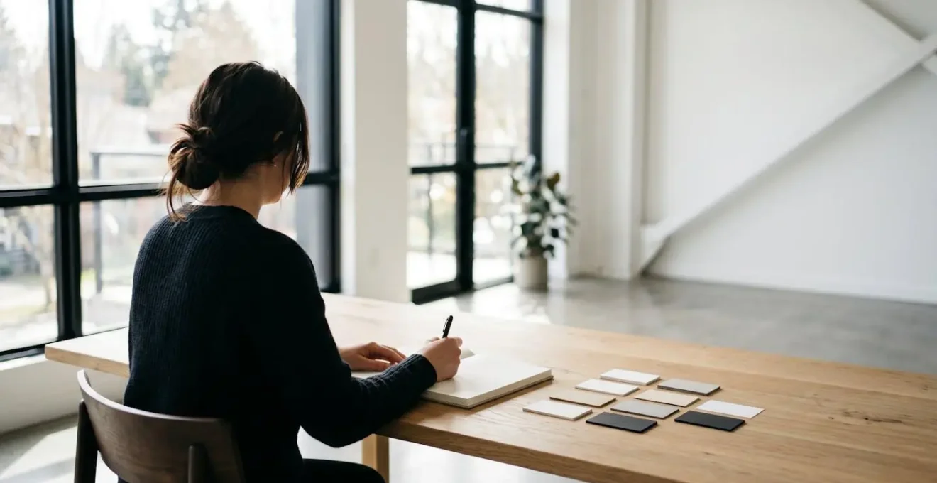 Vue large d'un espace de travail minimaliste avec personne consultant des documents