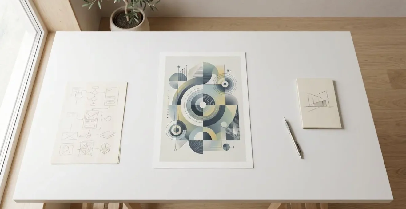Vue aérienne minimaliste d'un bureau avec projet créatif central entouré de croquis