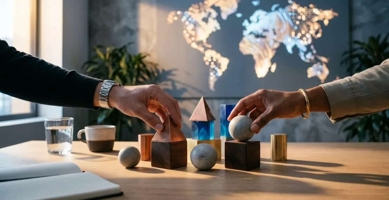 Professionnel présentant son expérience internationale avec carte du monde abstraite en arrière-plan