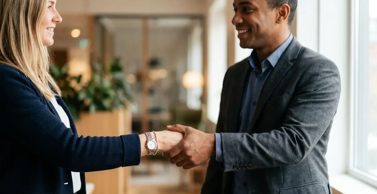 Poignée de main professionnelle symbolisant la confiance et la recommandation entre alumni