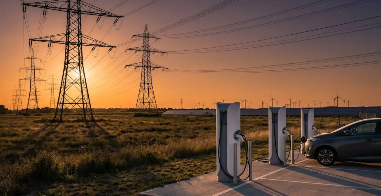 Infrastructure de réseau électrique haute tension avec bornes de recharge en premier plan