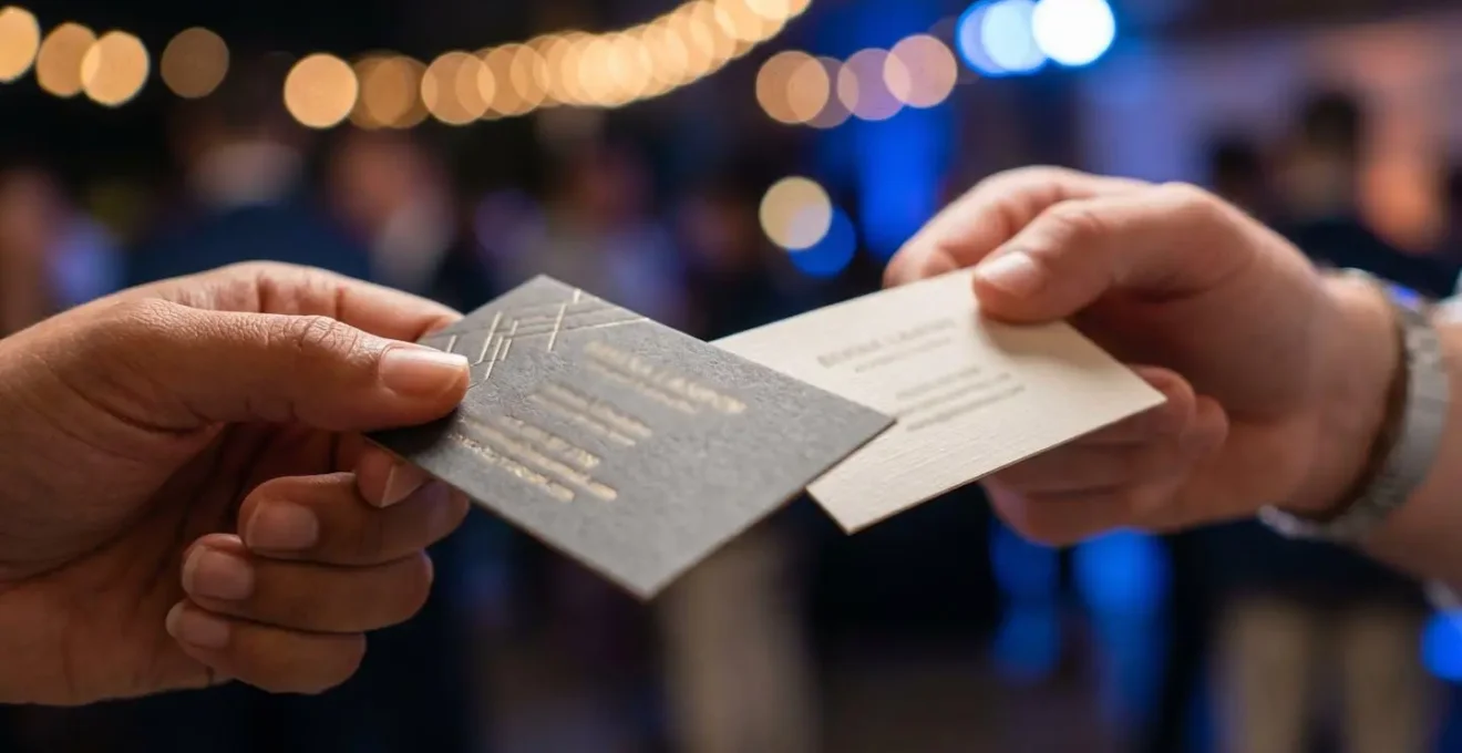 Mains tenant des cartes de visite professionnelles lors d'un événement de networking