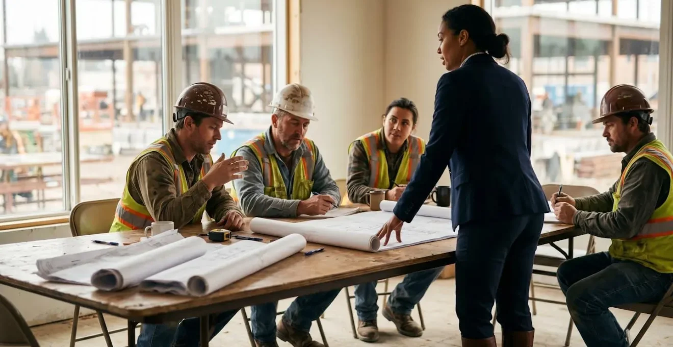 Réunion de coordination sur chantier entre maître d'œuvre et responsables d'entreprises