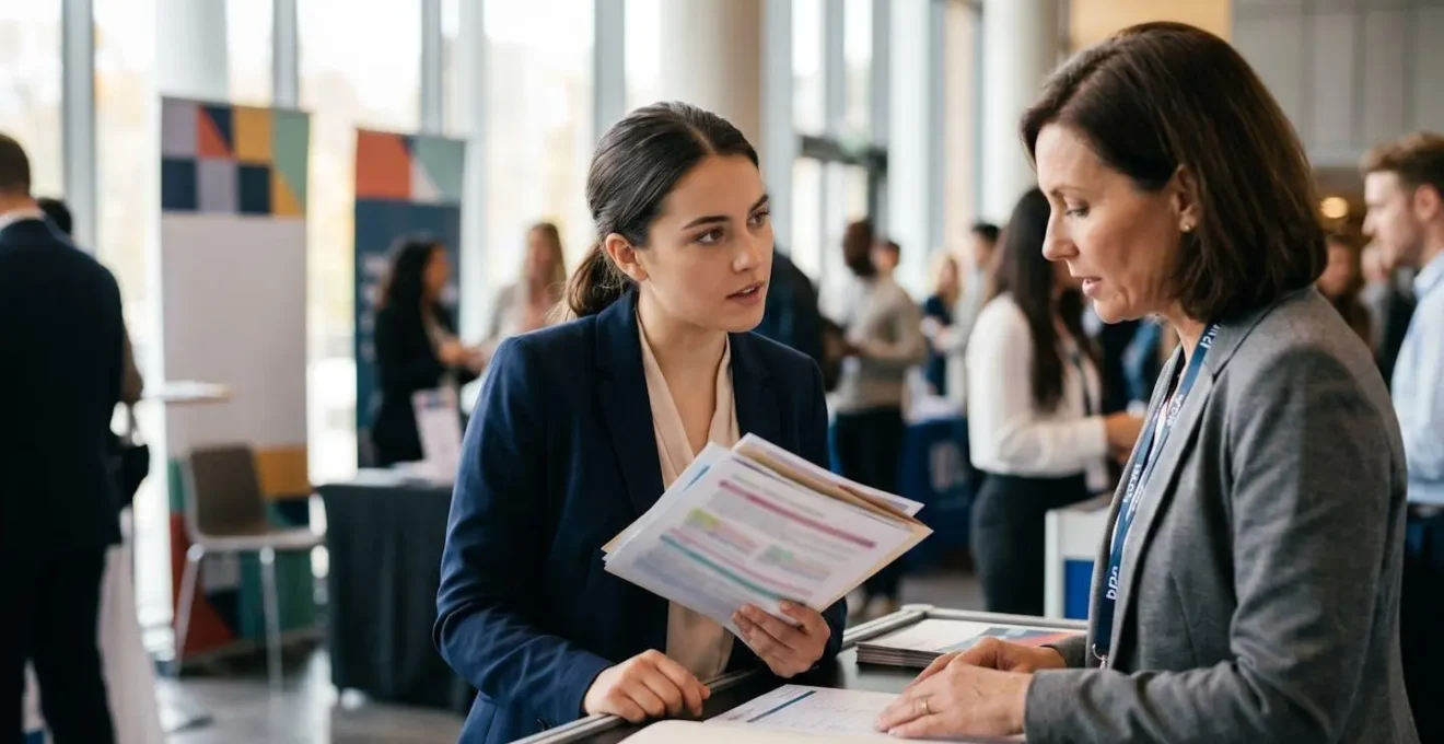 Stand de salon étudiant avec visiteurs examinant des documents