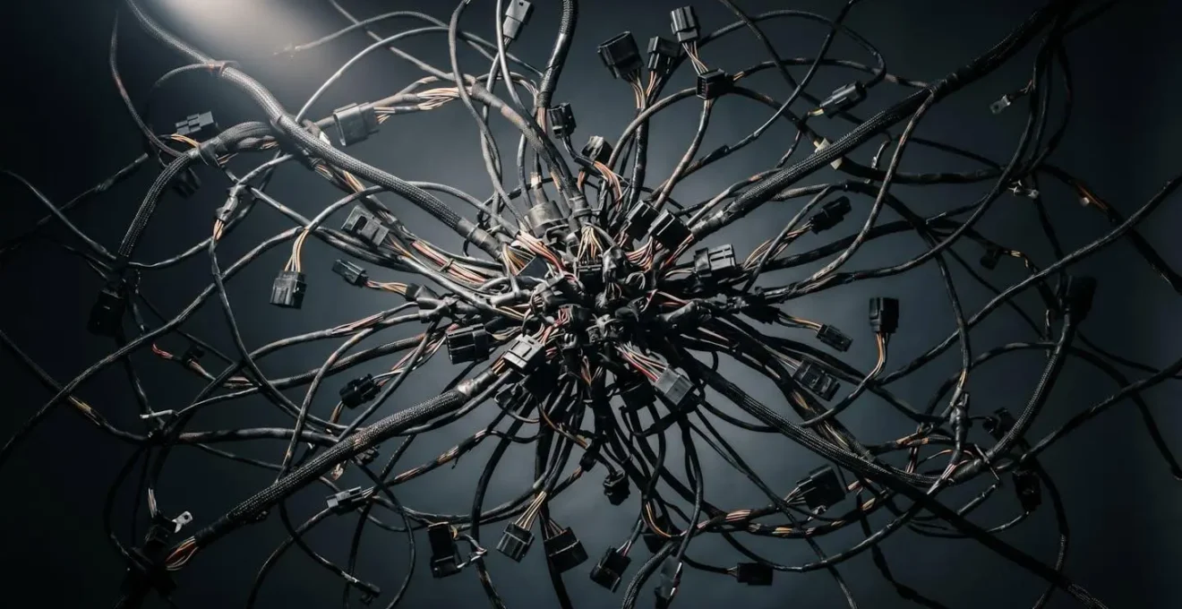 Vue d'ensemble d'un système de communication embarqué avec câblages et connecteurs