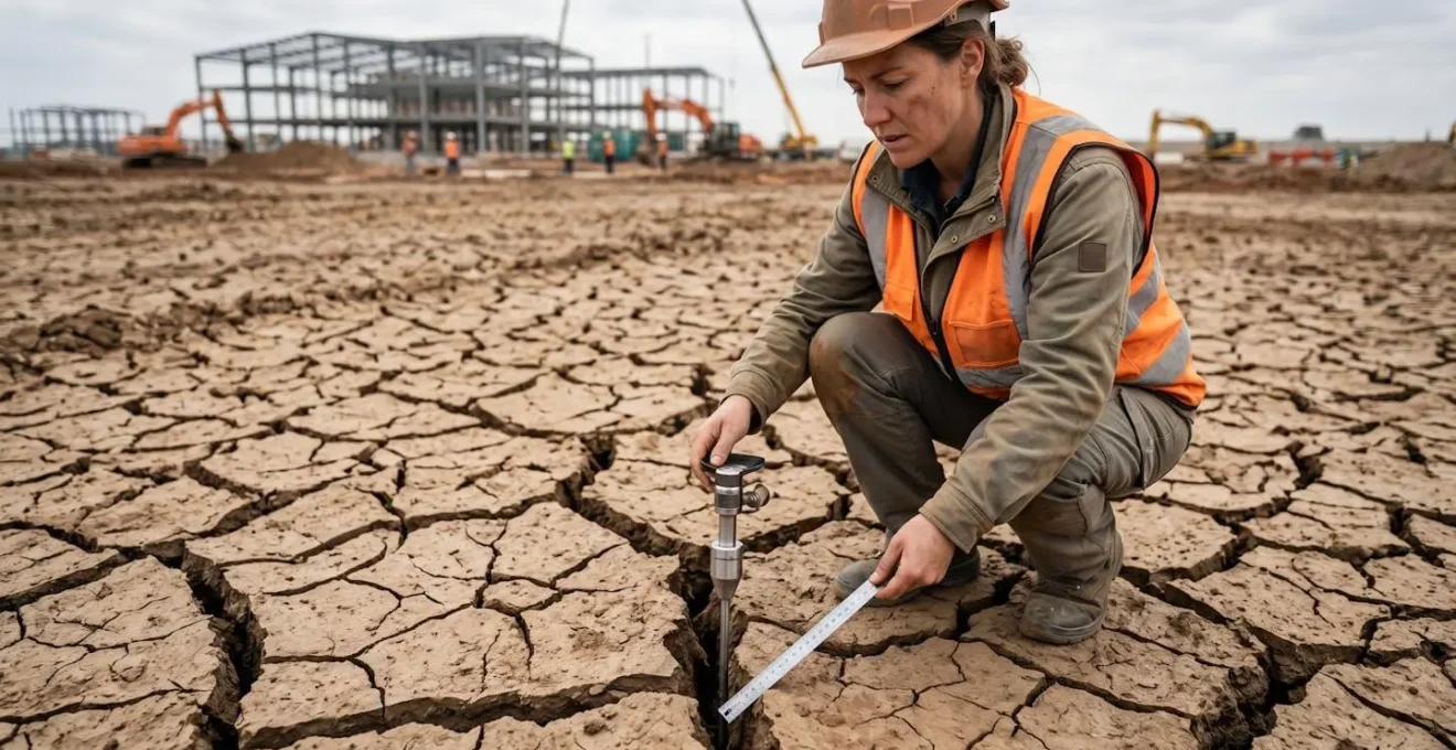 Ingénieur analysant des fissures dans le sol argileux avec équipement de mesure