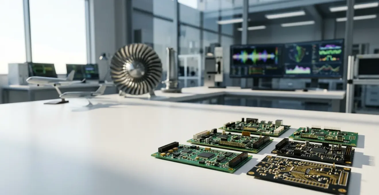 Environnement de laboratoire high-tech avec cartes électroniques et architecture de systèmes critiques pour l'aviation