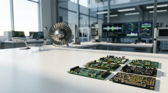 Environnement de laboratoire high-tech avec cartes électroniques et architecture de systèmes critiques pour l'aviation