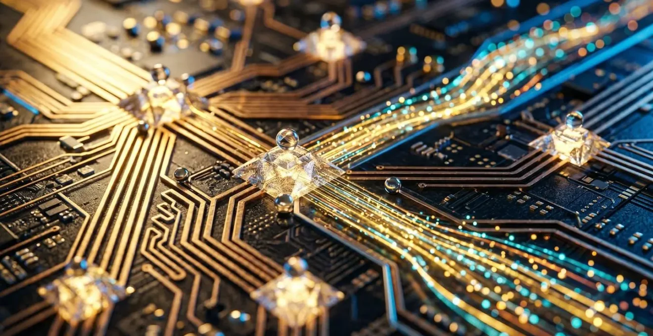 Vue macro de circuits électroniques symbolisant la transformation numérique du marketing bancaire
