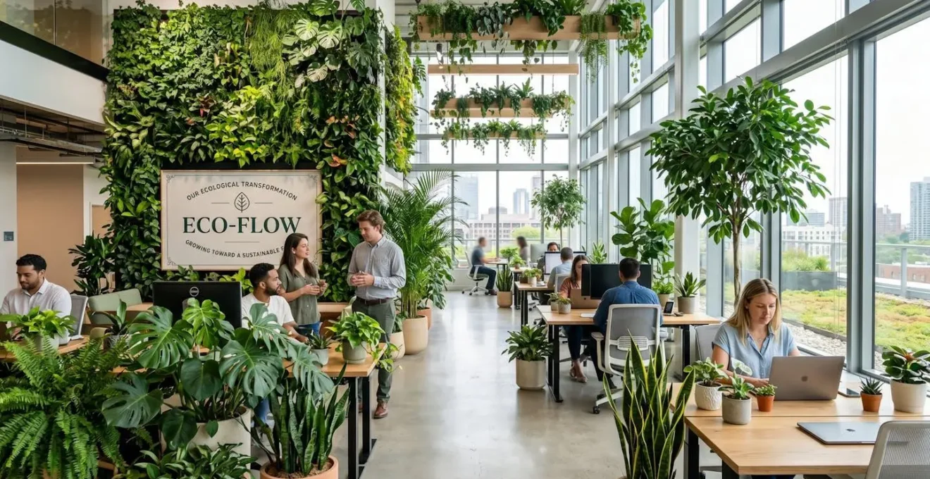 Bureau moderne avec plantes vertes symbolisant la transformation écologique de l'entreprise