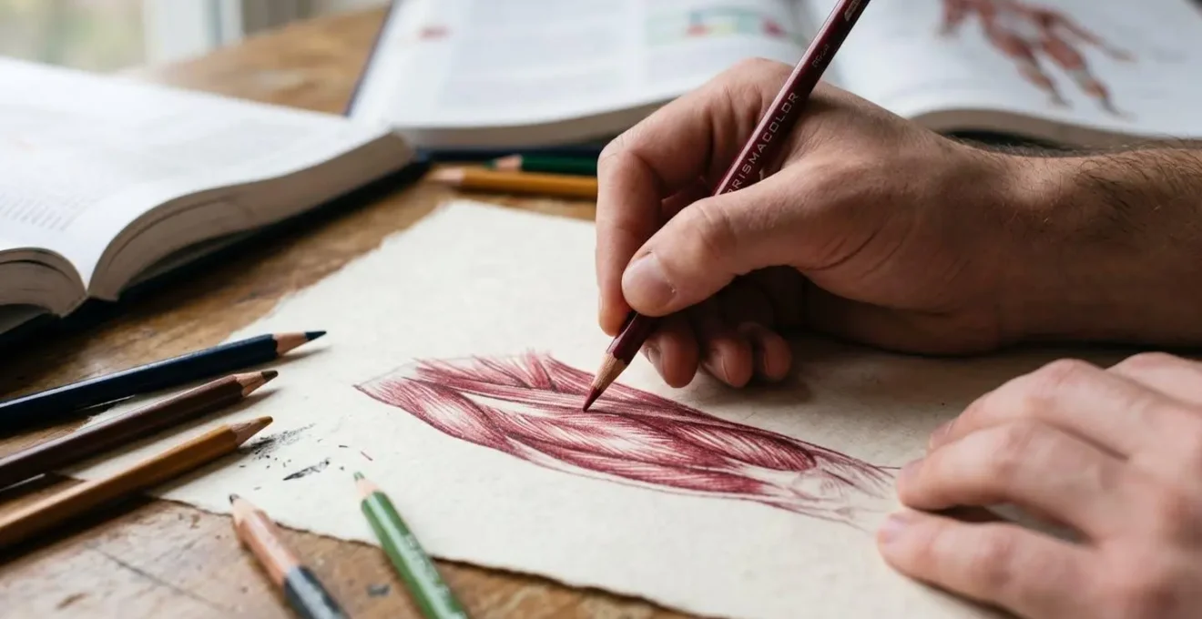 Mains d'étudiant dessinant des structures anatomiques sur papier