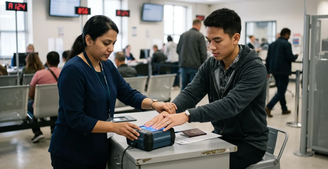Un jeune homme pose ses doigts sur un lecteur biométrique lors d'un rendez-vous dans un centre de demande de visa, accompagné par un agent en tenue neutre.